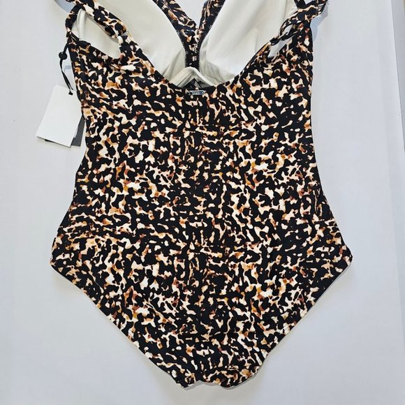 DKNY Ruffle Plunge One-Piece Swimsuit Cheetah Print Size 12 - Picture 8 of 14